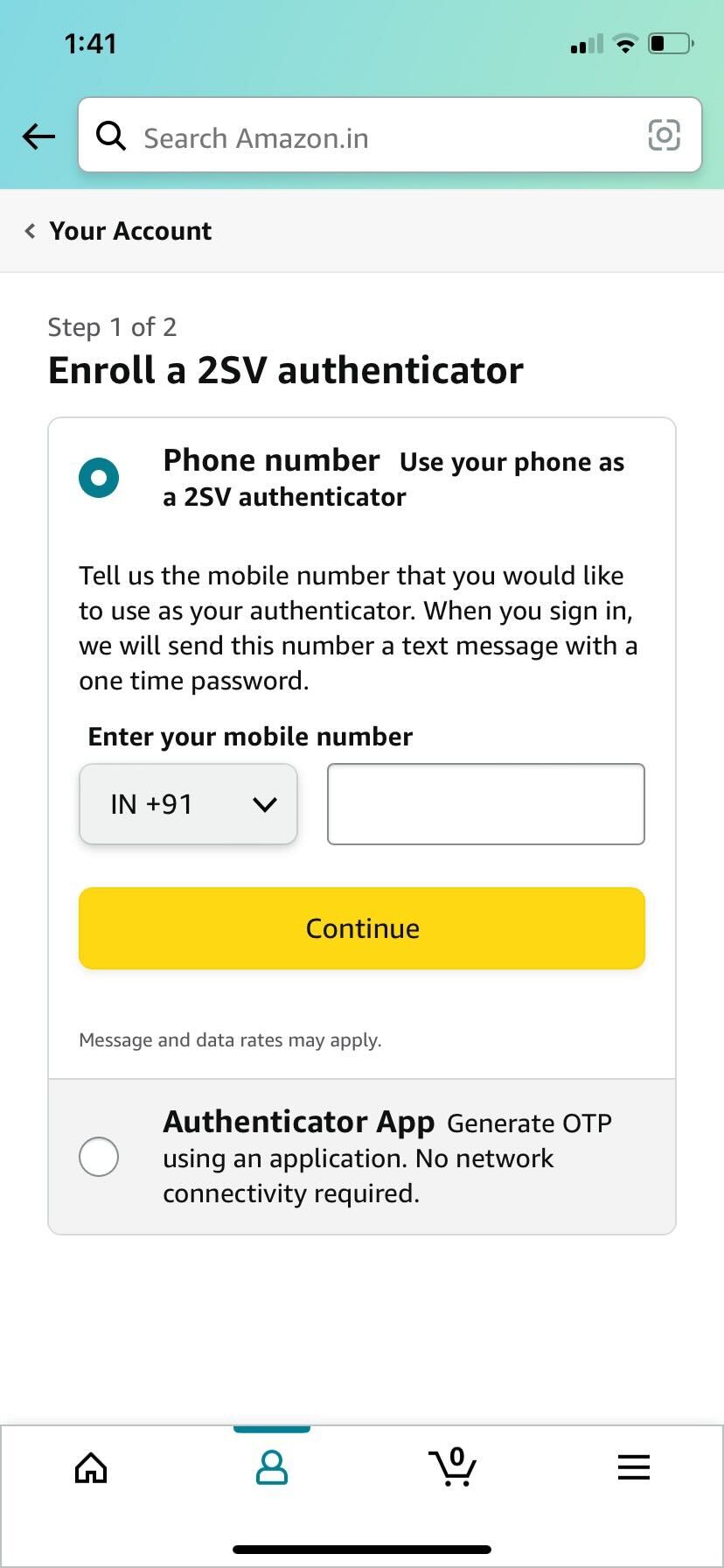 Amazon App enter your phone number
