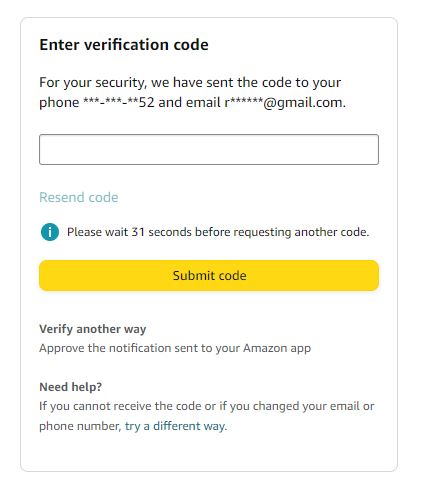 Amazon Enter Verification code