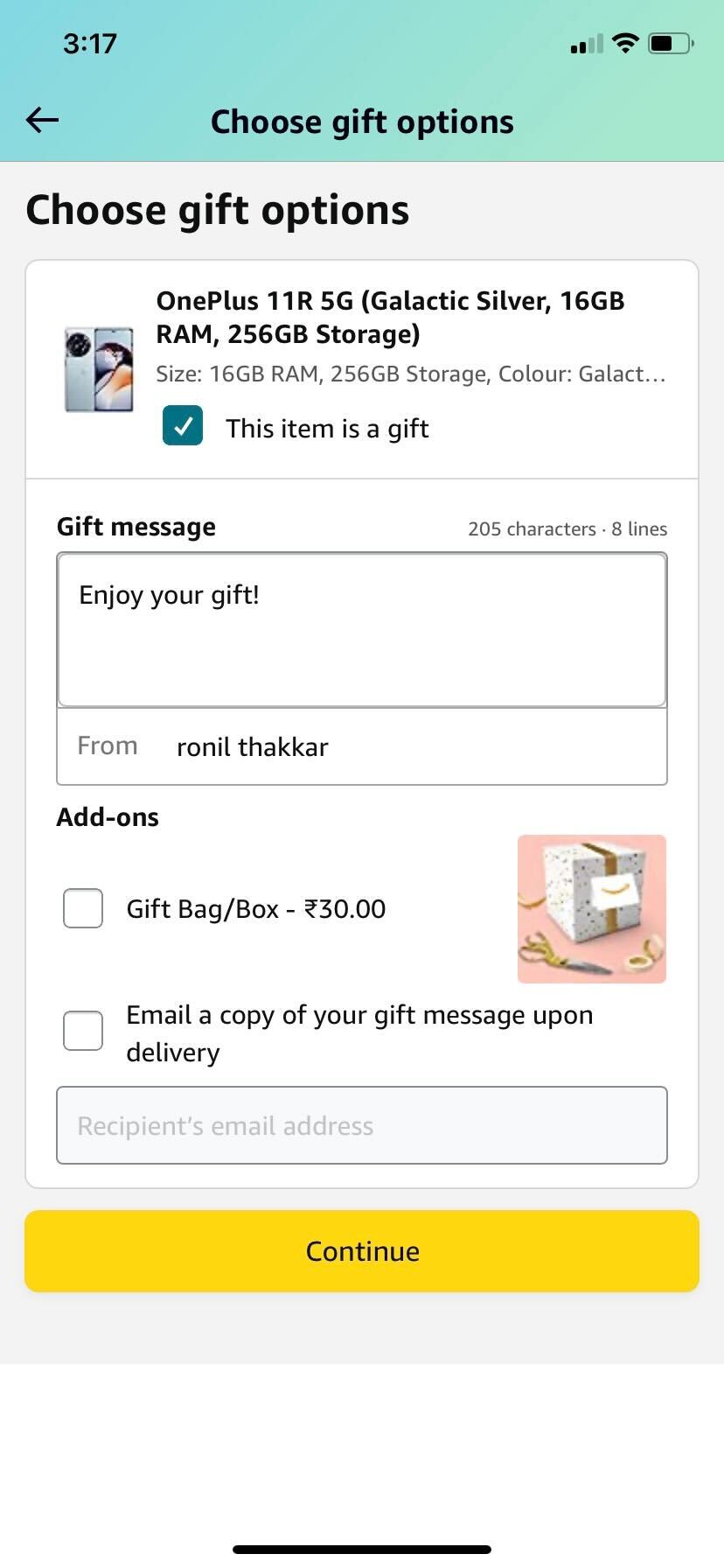 Amazon Gift Message option