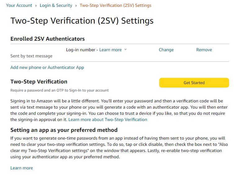Amazon Two step verification Get started button
