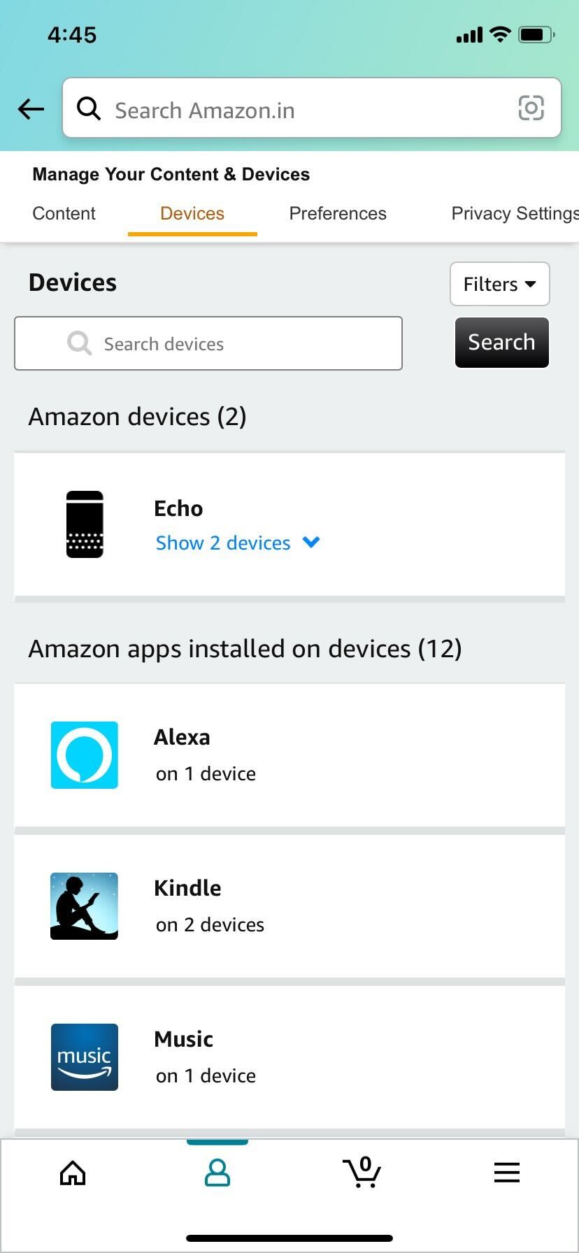 Amazon app Devices option
