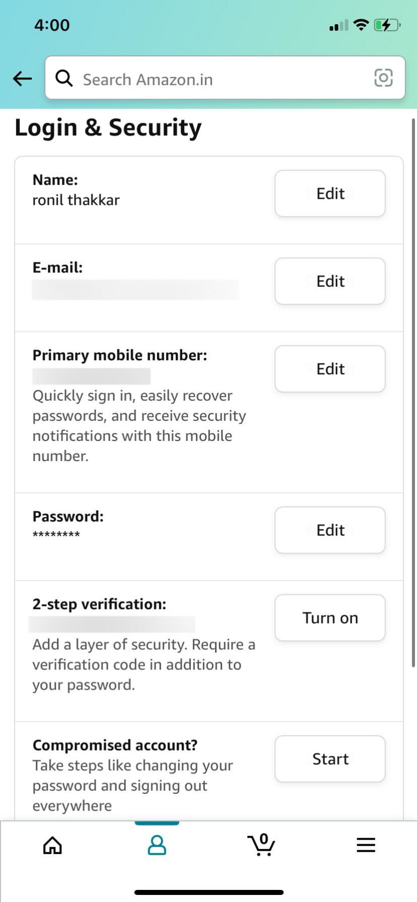 Amazon app edit password option