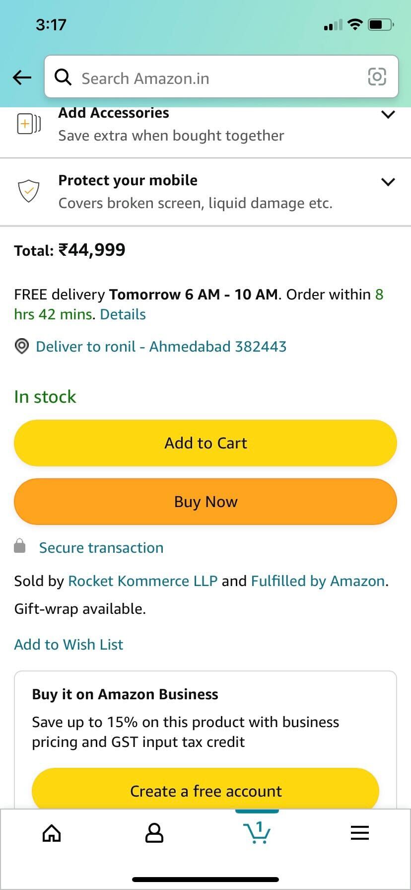Amazon product Add to Cart button