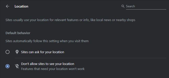 Google Chrome Don’t allow sites to see your location option