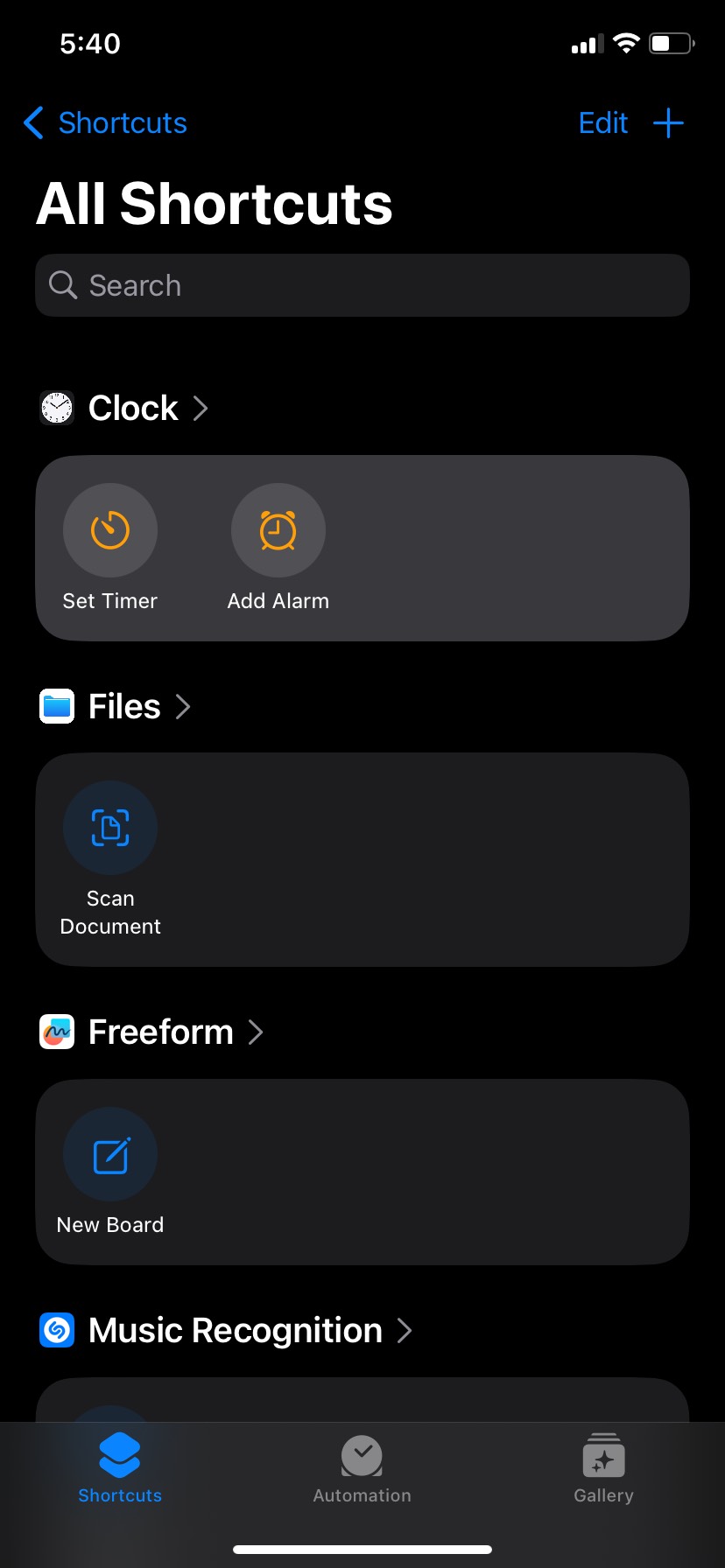 Shortcuts app Plus icon