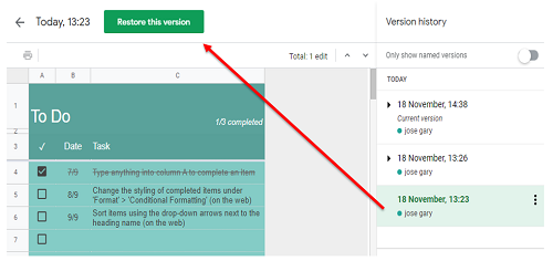 Google Sheets Editing History