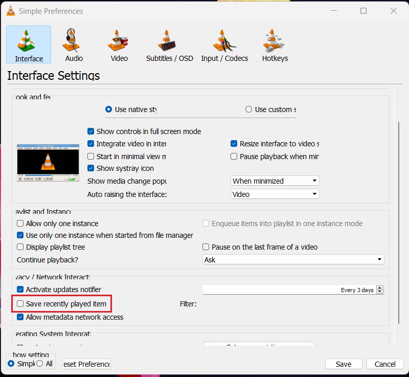 VLC Save recently played items