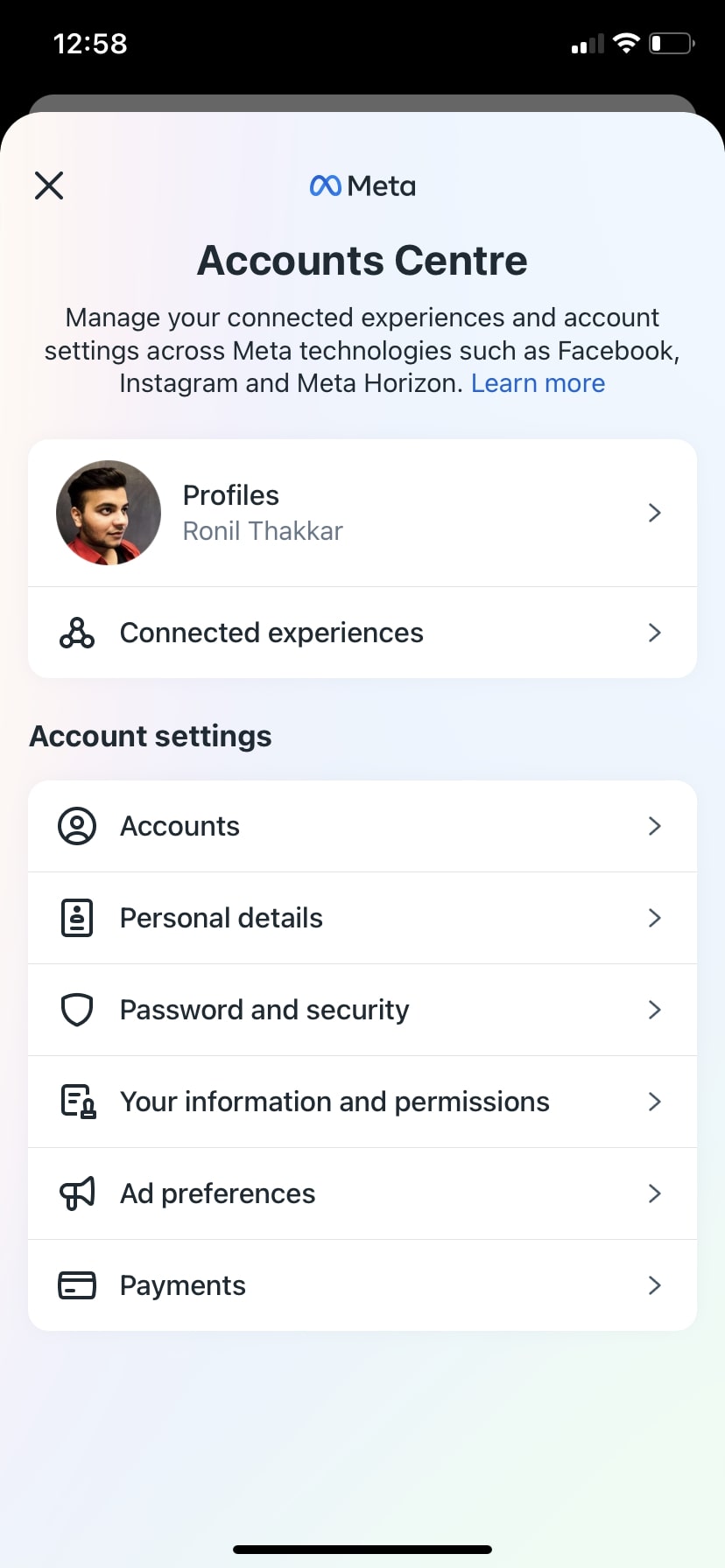 Facebook Accounts Centre section personal details option