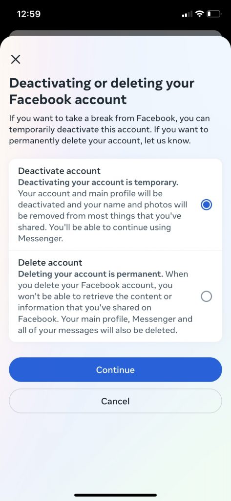 Facebook - Delete or Deactivate account from your phone 