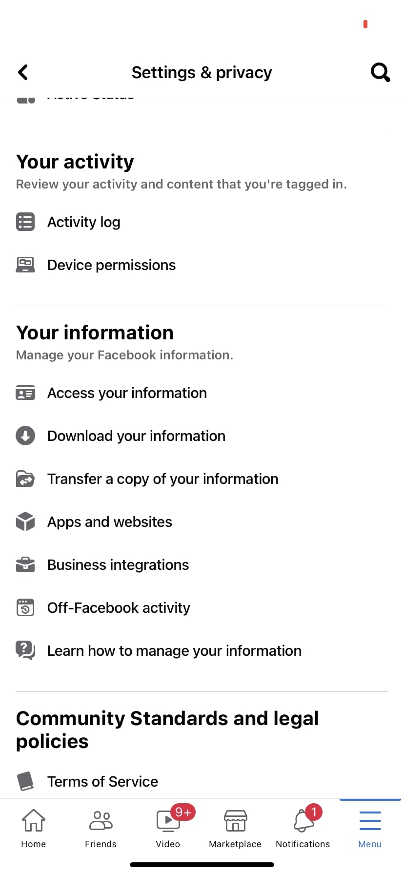 Facebook Download your information option