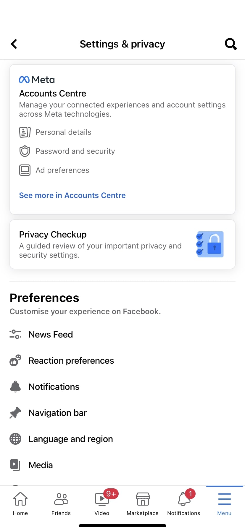 Facebook Meta Accounts Centre section see more in Accounts Centre option