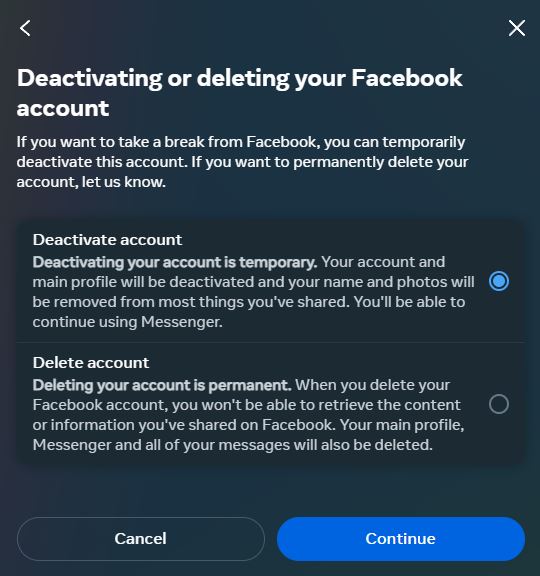 Facebook desktop Deactivate or delete account option