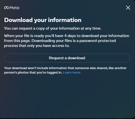Facebook desktop Download your information menu Request a download button