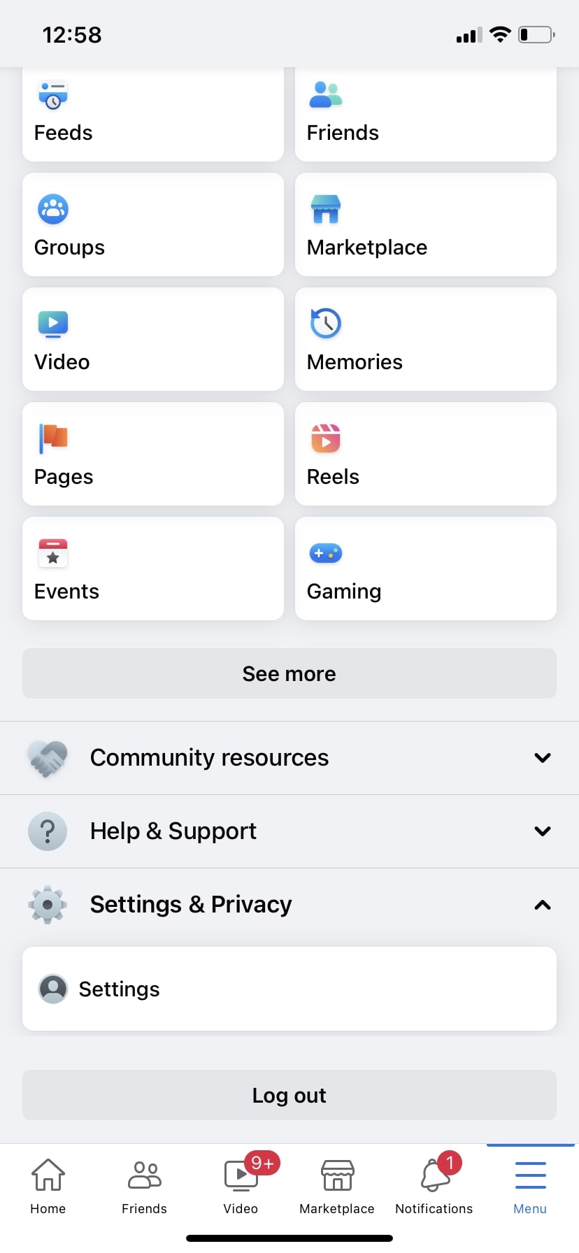 Facebook Menu section settings option