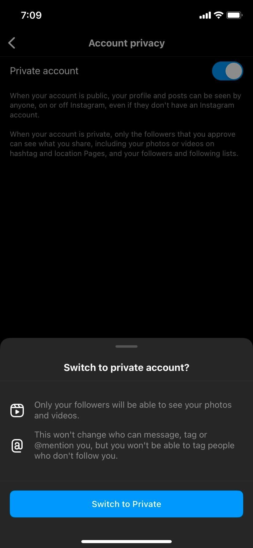 Instagram Account Switch to Private button