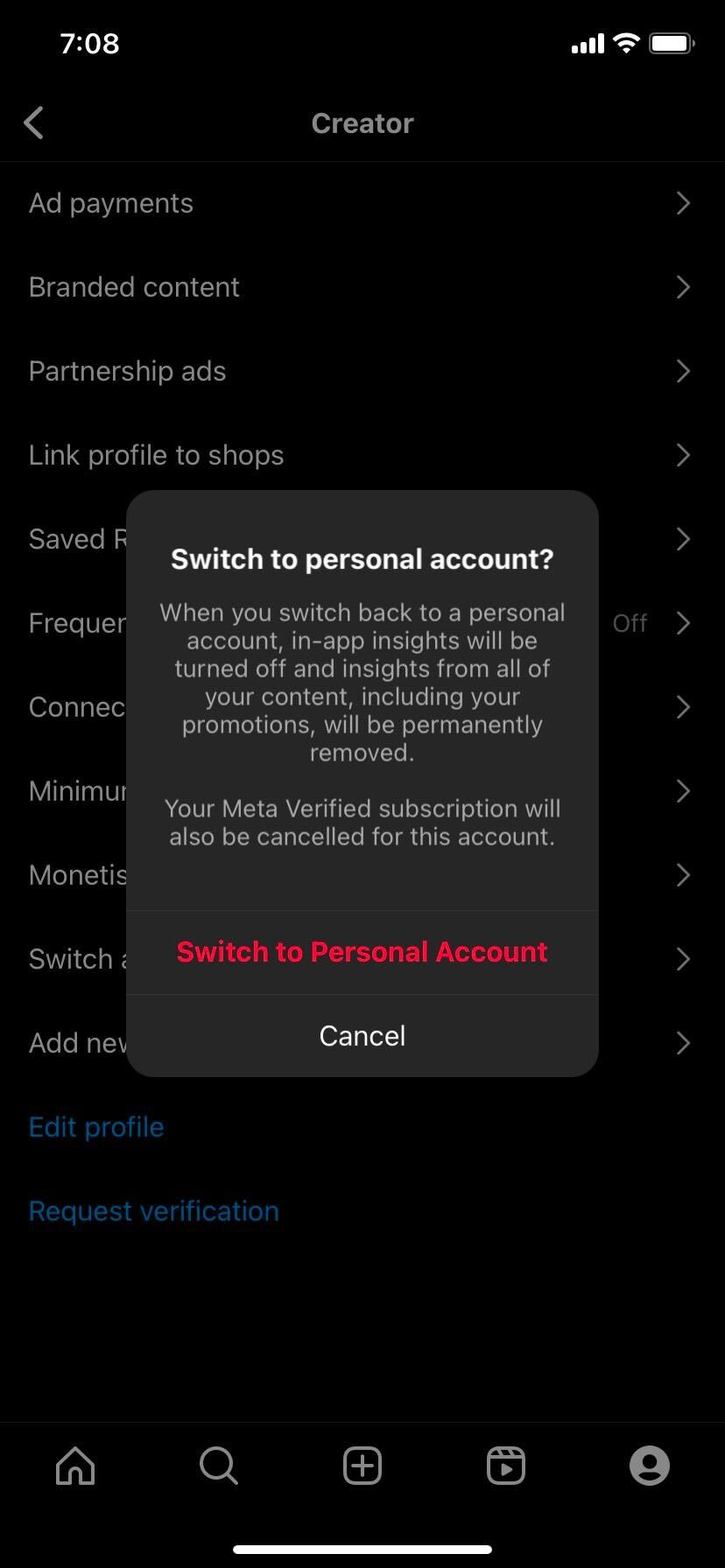 Instagram Switch to personal account red button