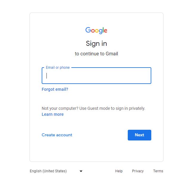 Gmail Sign in page