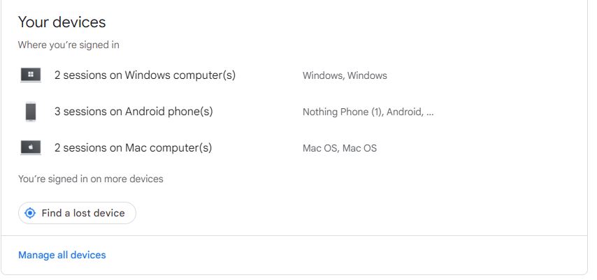 Google Account Your Devices section