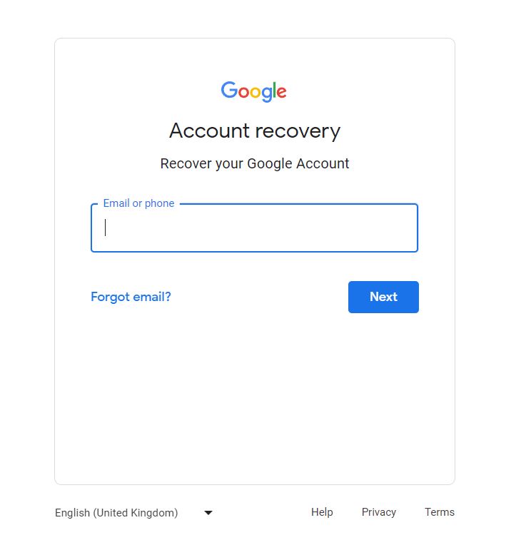 Google Account recovery page