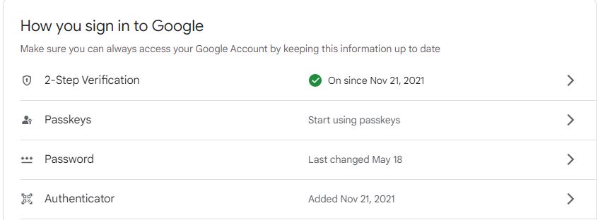 Google Account security settings