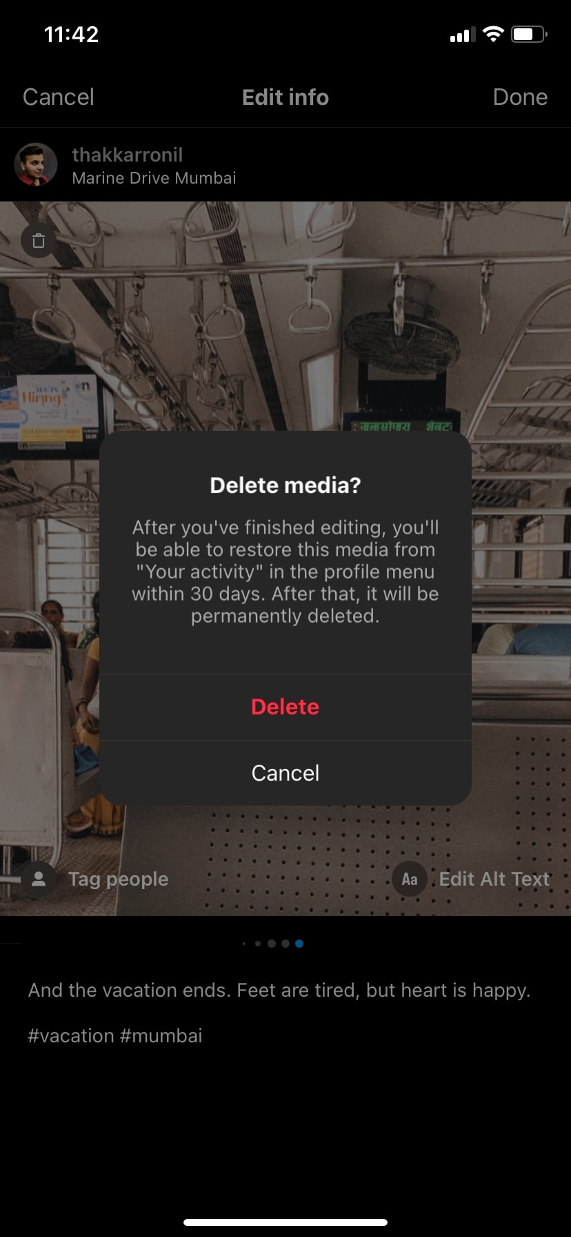Delete a photo from an Instagram post
