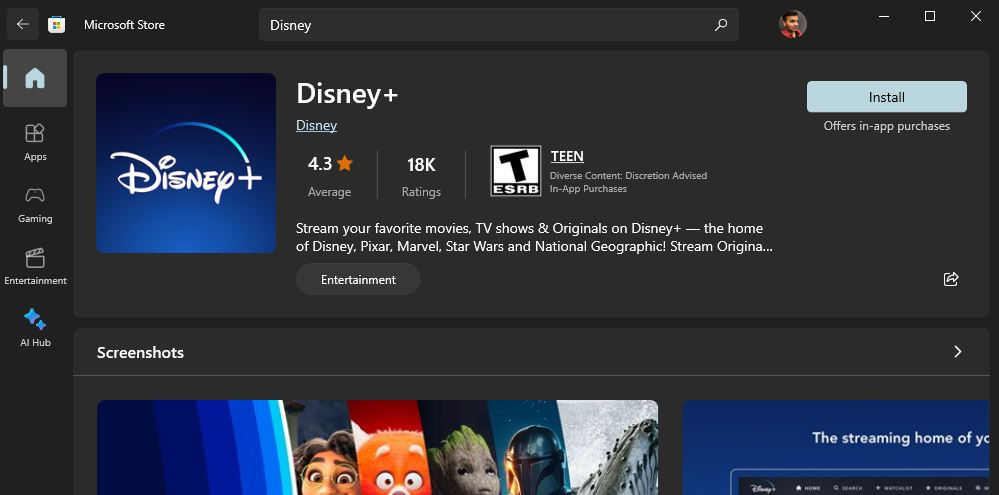 Disney+ app install button