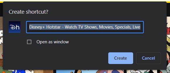 Disney+ shortcut create button