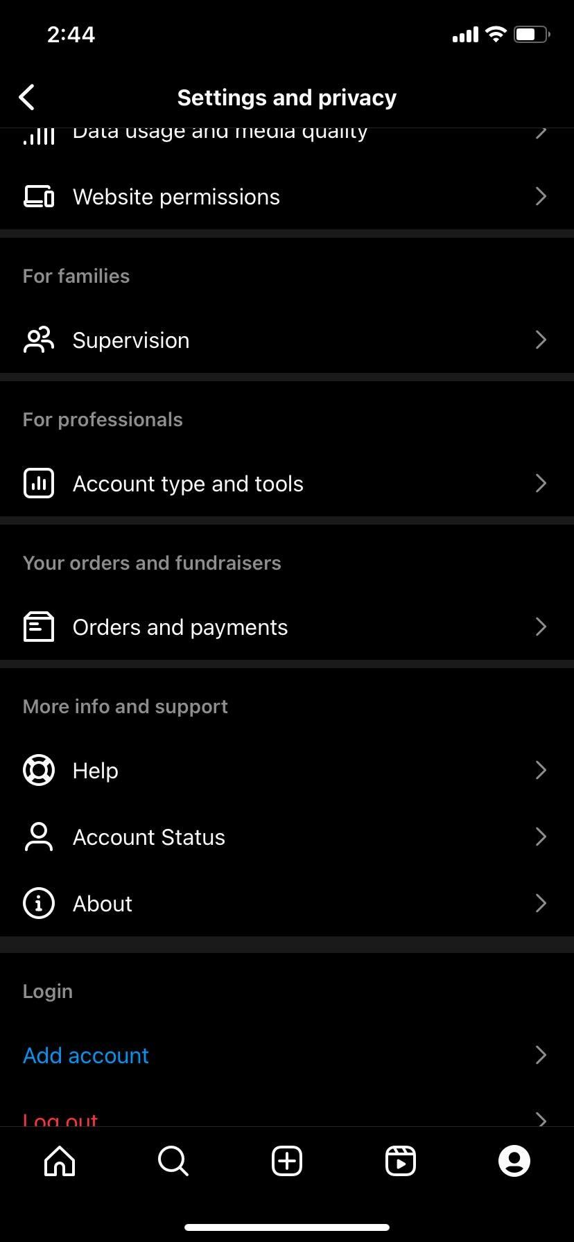 Instagram Account type and tools option