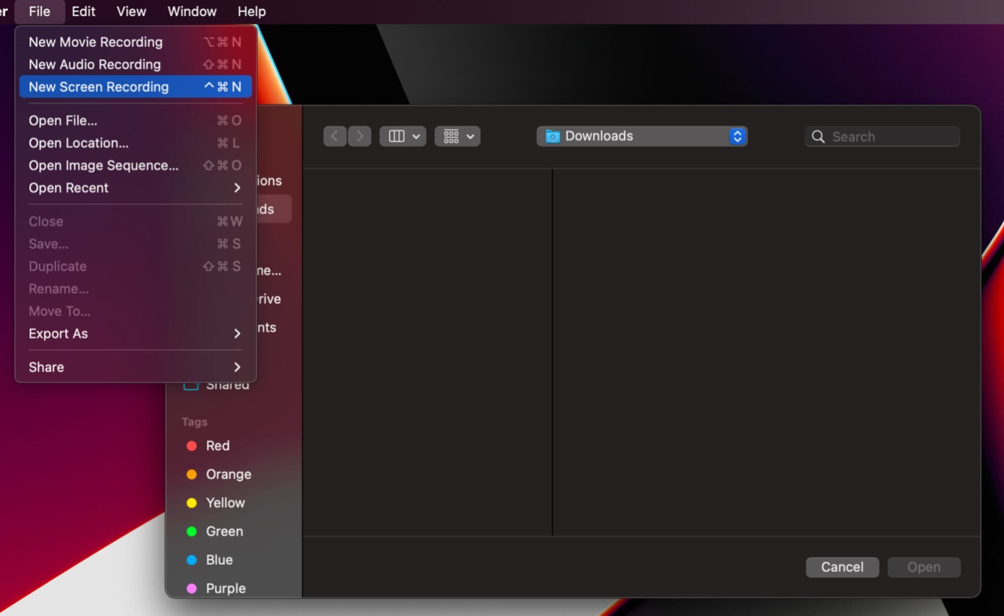 Mac QuickTime File Option in Menu Bar