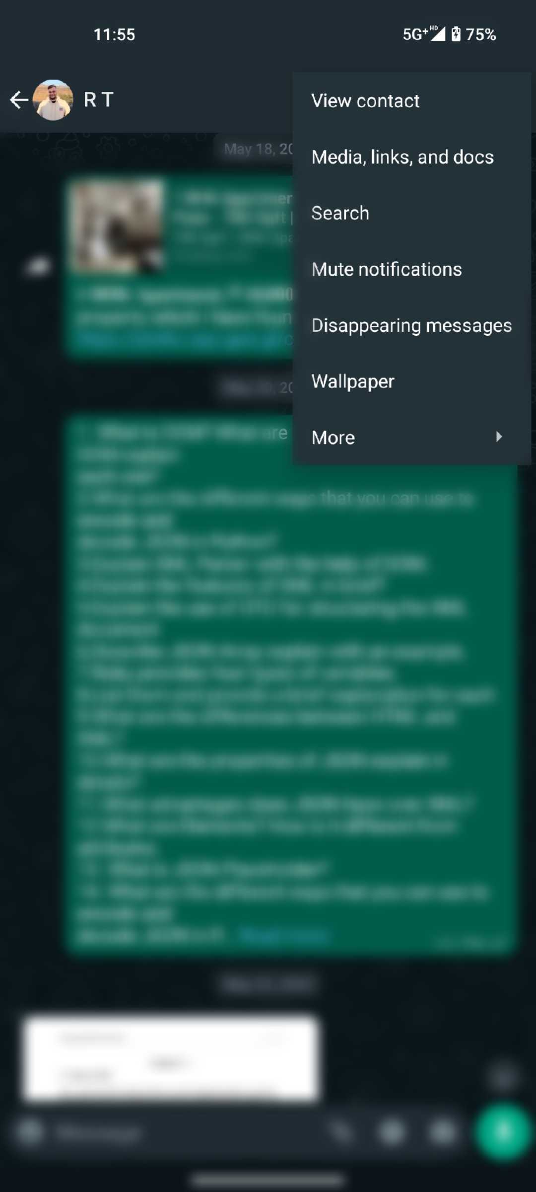 WhatsApp Android in-chat settings menu
