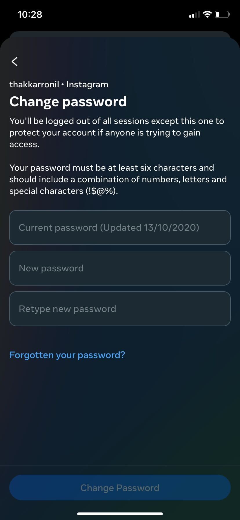Instagram change password option