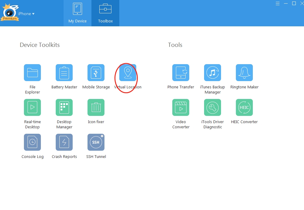 Virtual Location button on the Toolbox panel