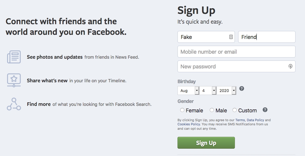 Facebook sign up page