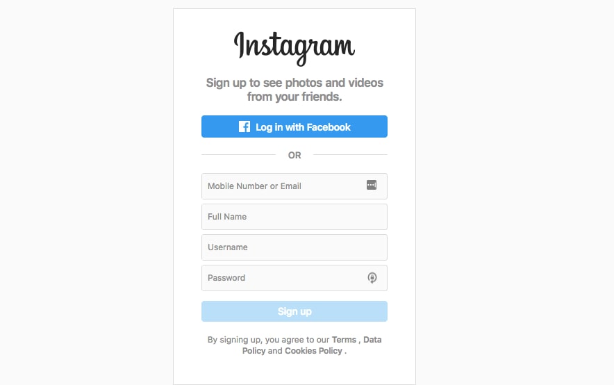 Instagram Log in page