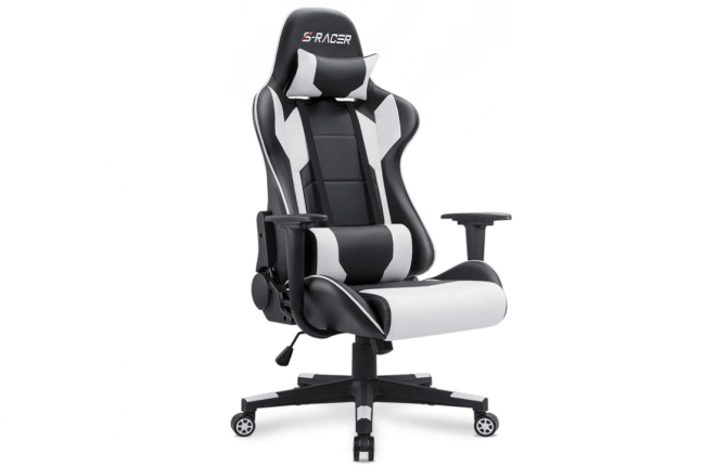 Homall Gaming Chair Office Chair High Back Computer Chair Leather Desk Chair Racing Executive Ergonomic Adjustable Swivel Task Chair with Headrest and Lumbar Support (White)