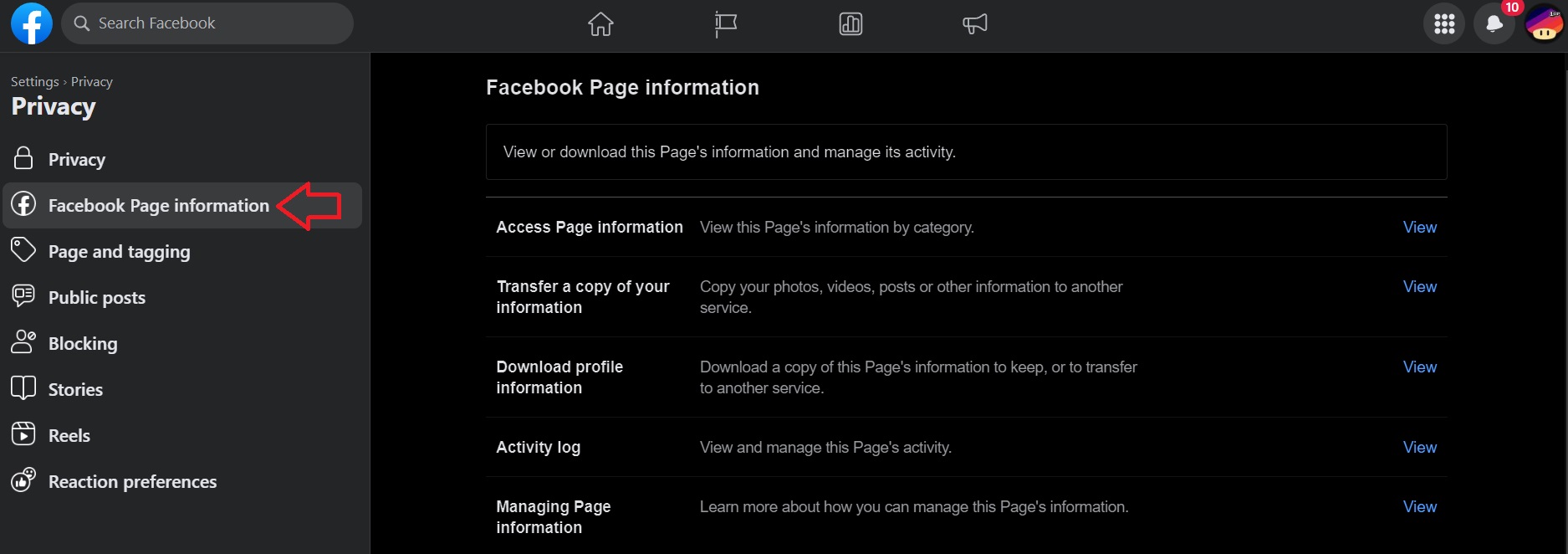 Facebook page information on settings.