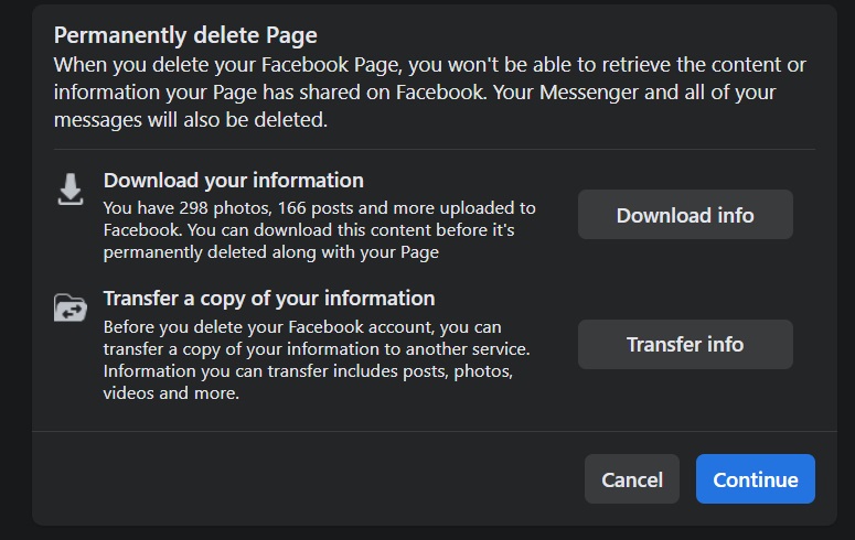 Download reminder before deleting Facebook Page