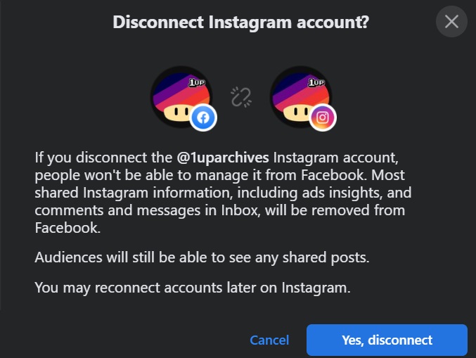 Final warning before disconnecting Instagram from Facebook Page