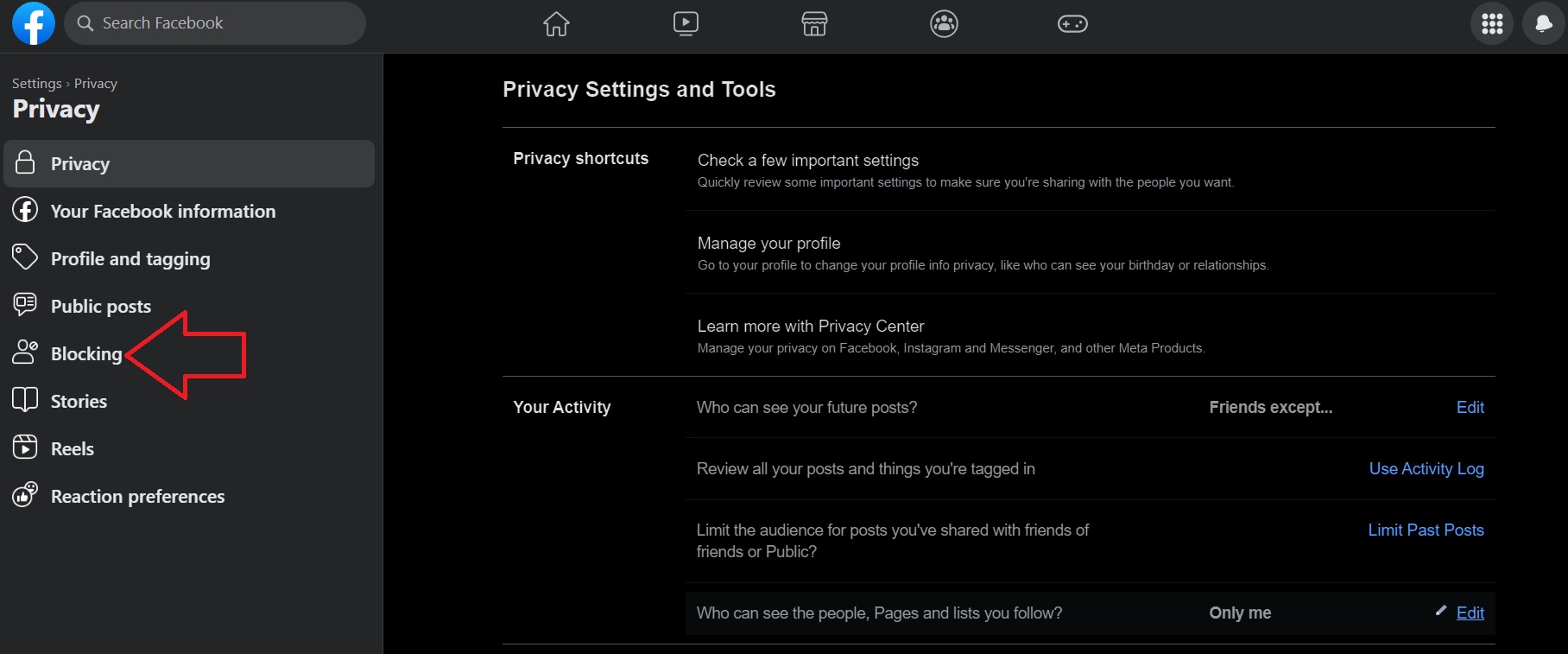 Blocking option on Facebook