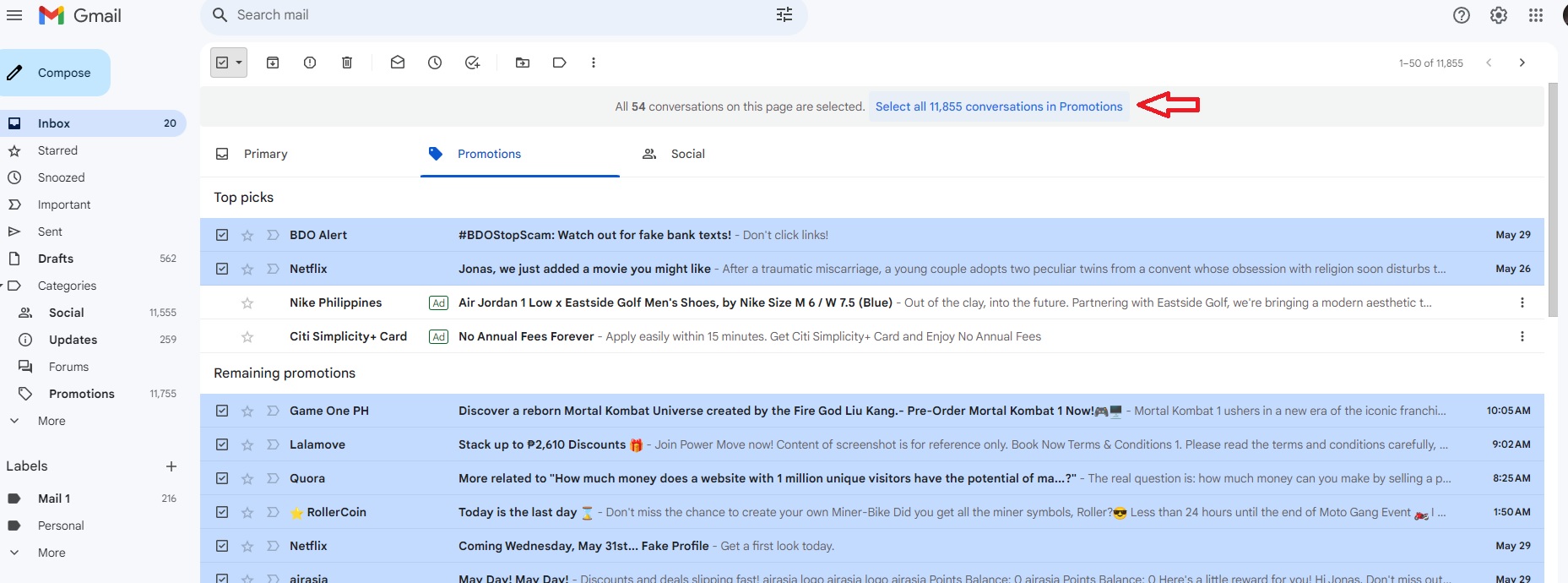 Selecting all emails in Promotions tab