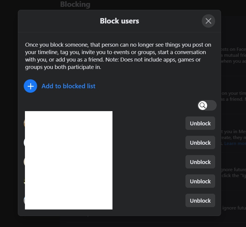 Blocked users list on Facebook.