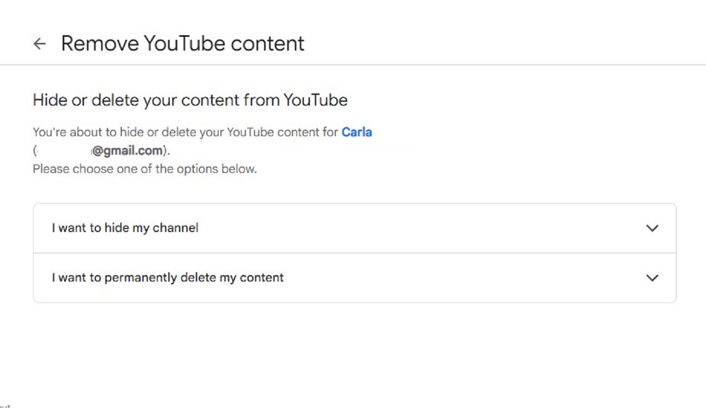 YouTube showing hide my channel and delete my content options 