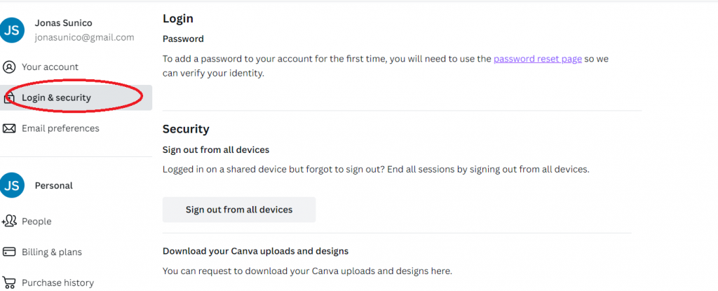 Canva - Login and Security page