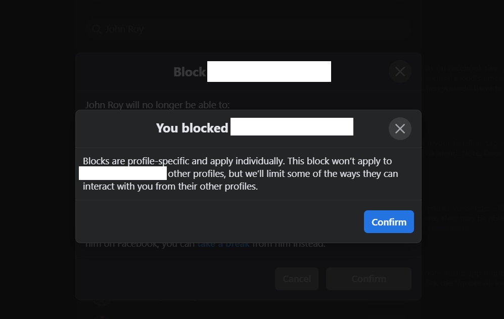 Confirming Block on Facebook