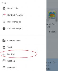 Settings location on Canva's mobile version