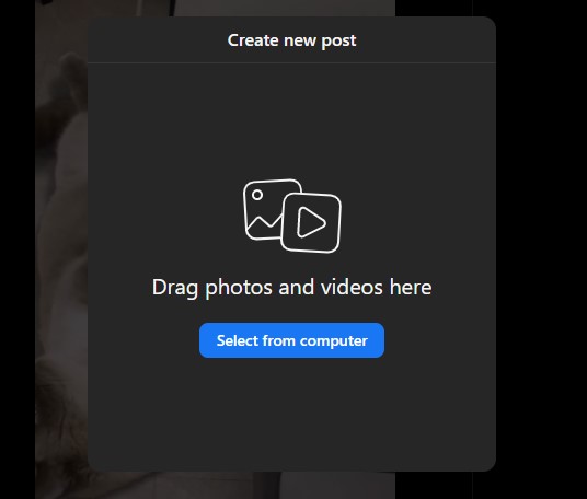 Instagram website - Create New Post pop-up window