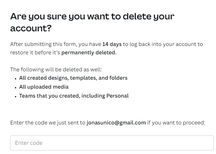 A final confirmation page before your Canva account gets deleted.