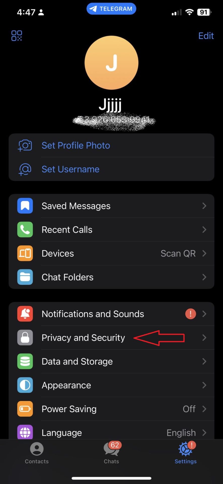 Privacy and Security settings location on Telegram