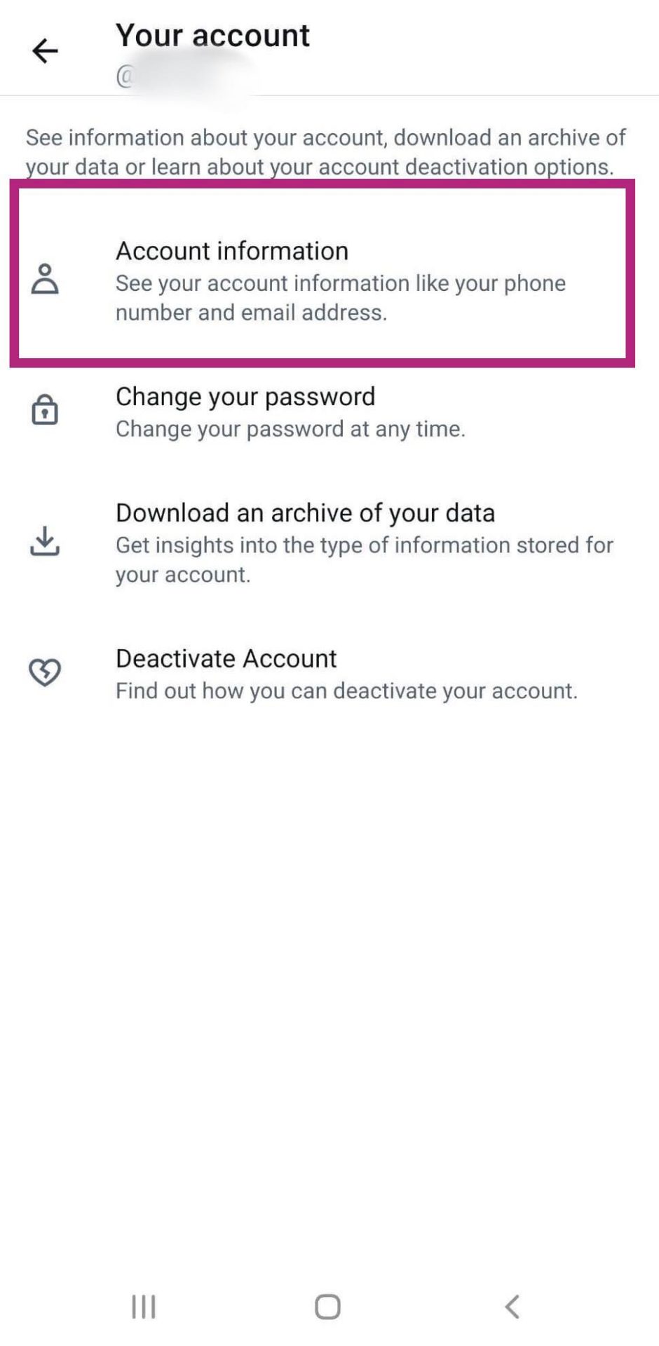 Twitter app - showing the account information button