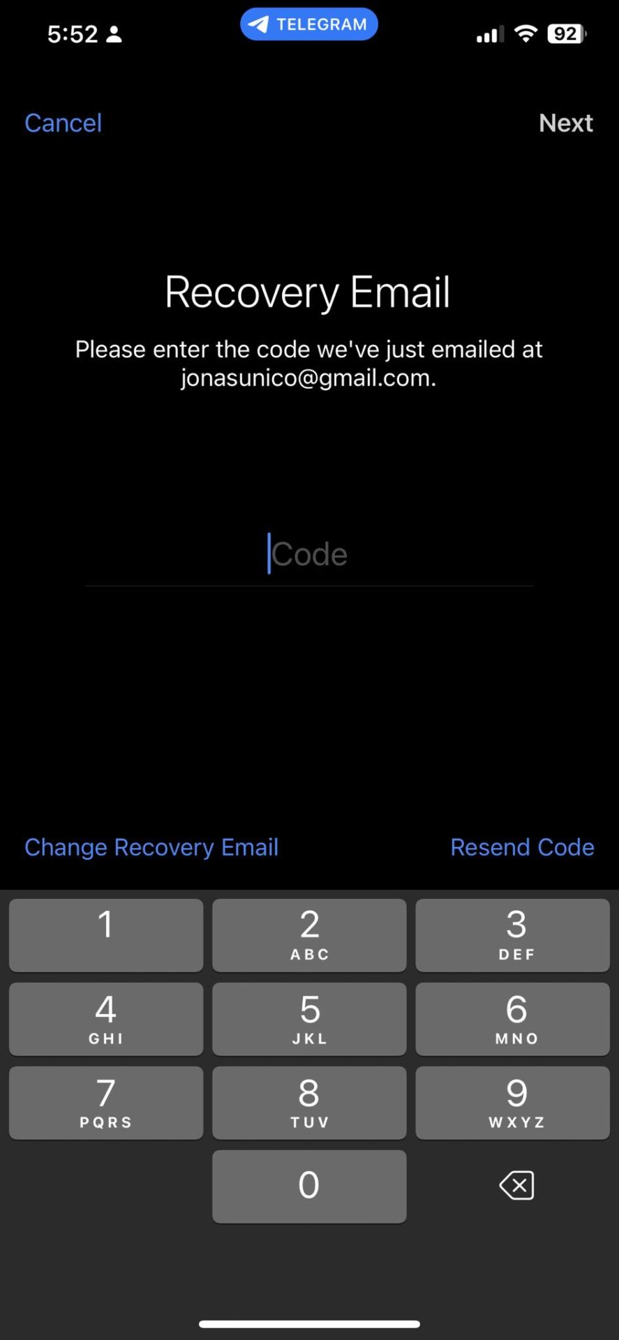 Adding recovery email to Telegram 2FA